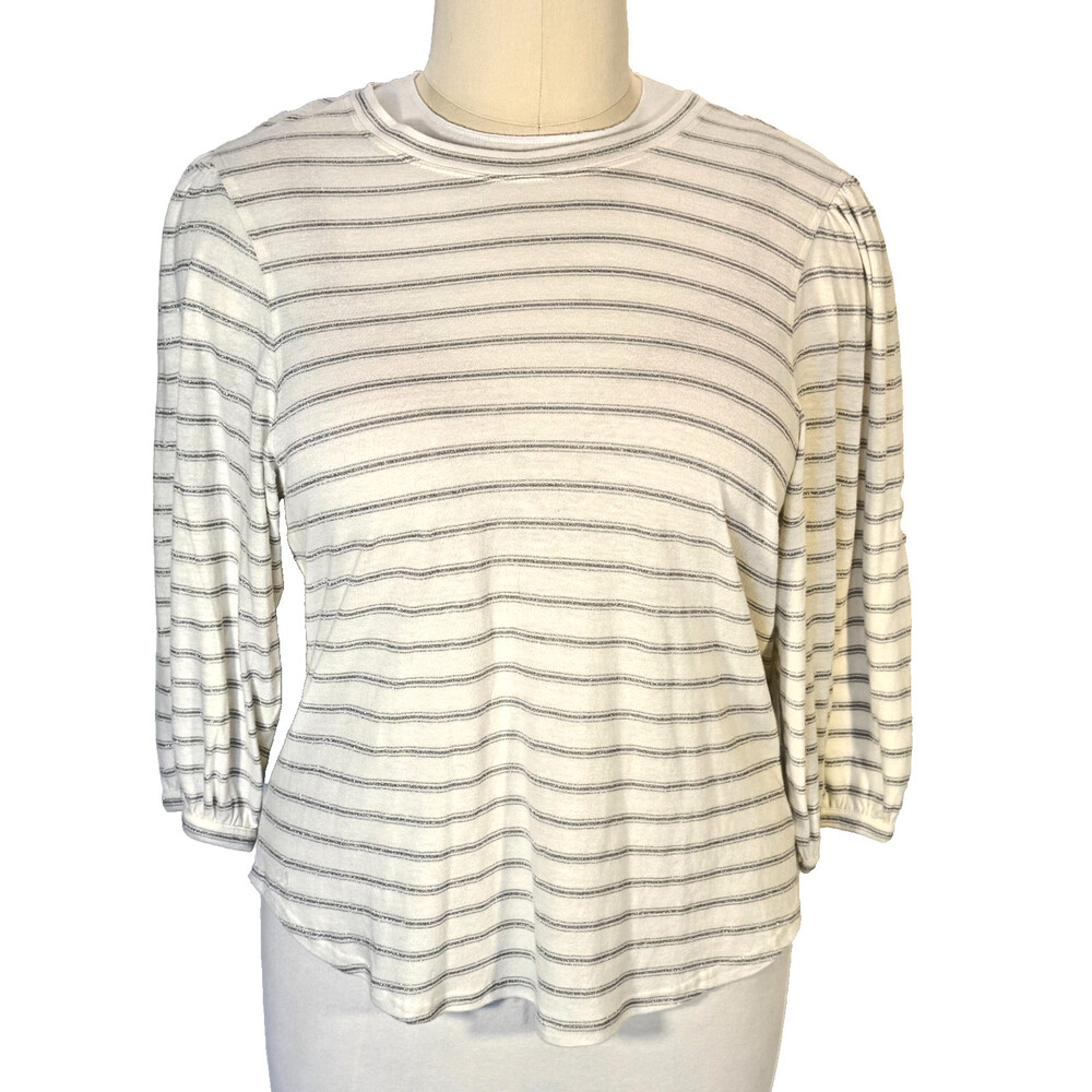 Lauren Ralph Lauren Knit Blouse Womens XL White Metallic Stripe Balloon Slve NWT